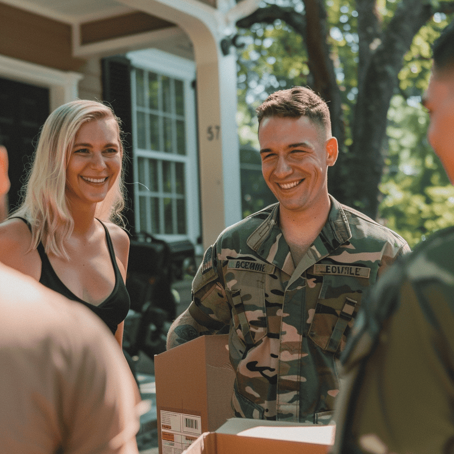 military family holding packing boxes